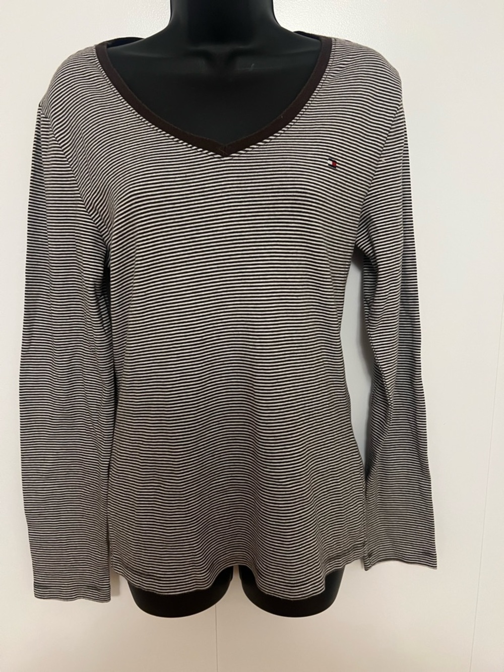 Tommy Hilfiger Brown & White Striped V-Neck Long Sleeve Tee